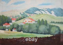 Tableau ancien huile paysage village montagne