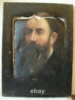 Tableau ancien huile peinture toile portrait homme barbe 19e à restaurer man oil