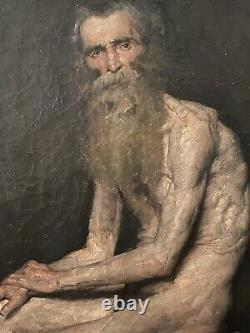Tableau ancien huile portrait, Vieil Homme nu Sur Un Tabouret, Académie
