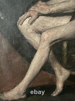 Tableau ancien huile portrait, Vieil Homme nu Sur Un Tabouret, Académie