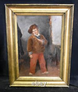 Tableau ancien huile portrait enfant au chapeau Léon SOULIÉ (1807-1862)