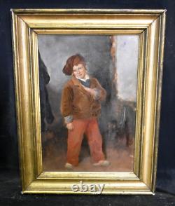 Tableau ancien huile portrait enfant au chapeau Léon SOULIÉ (1807-1862)