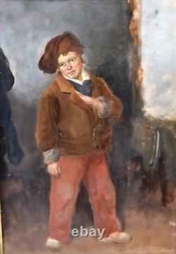 Tableau ancien huile portrait enfant au chapeau Léon SOULIÉ (1807-1862)