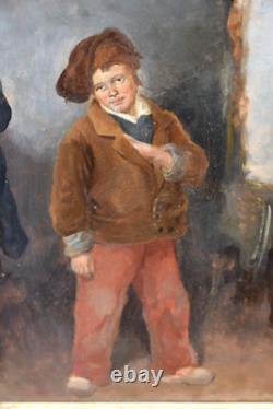 Tableau ancien huile portrait enfant au chapeau Léon SOULIÉ (1807-1862)