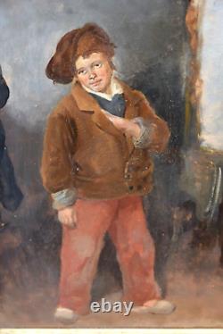 Tableau ancien huile portrait enfant au chapeau Léon SOULIÉ (1807-1862)