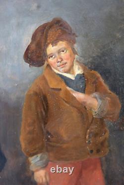 Tableau ancien huile portrait enfant au chapeau Léon SOULIÉ (1807-1862)
