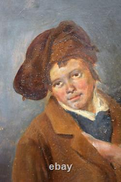Tableau ancien huile portrait enfant au chapeau Léon SOULIÉ (1807-1862)