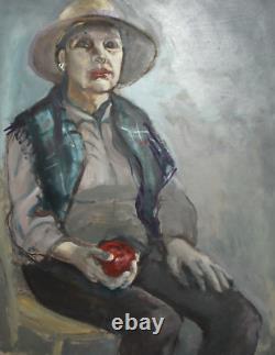 Tableau ancien huile portrait femme au chapeau