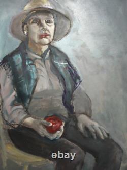 Tableau ancien huile portrait femme au chapeau