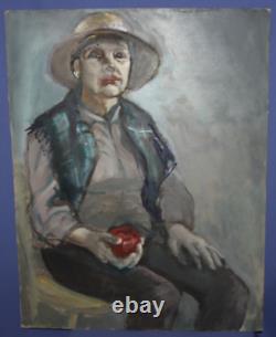 Tableau ancien huile portrait femme au chapeau