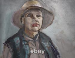 Tableau ancien huile portrait femme au chapeau