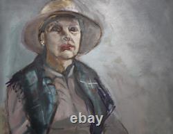 Tableau ancien huile portrait femme au chapeau