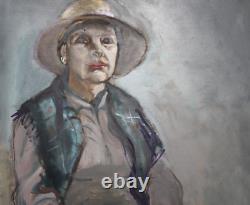 Tableau ancien huile portrait femme au chapeau