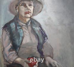 Tableau ancien huile portrait femme au chapeau