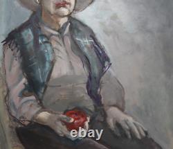 Tableau ancien huile portrait femme au chapeau
