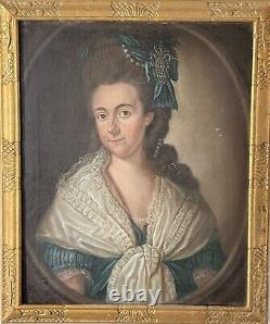 Tableau ancien huile portrait, jeune femme de l'aristocratie fin XVIIIème