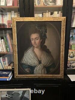 Tableau ancien huile portrait, jeune femme de l'aristocratie fin XVIIIème