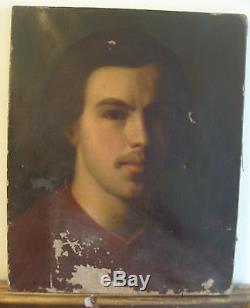 Tableau ancien huile portrait jeune homme en clair obscur 19e man old painting