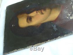 Tableau ancien huile portrait jeune homme en clair obscur 19e man old painting