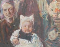 Tableau ancien huile réaliste figurines portrait