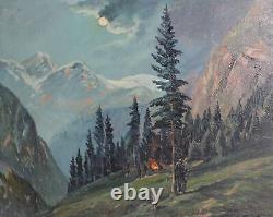 Tableau ancien huile réaliste paysage forêt de montagne avec personnages