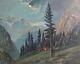 Tableau ancien huile réaliste paysage forêt de montagne avec personnages