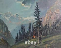 Tableau ancien huile réaliste paysage forêt de montagne avec personnages