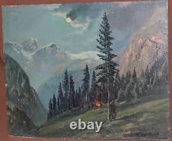 Tableau ancien huile réaliste paysage forêt de montagne avec personnages