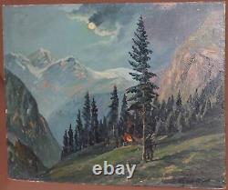 Tableau ancien huile réaliste paysage forêt de montagne avec personnages