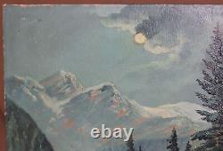 Tableau ancien huile réaliste paysage forêt de montagne avec personnages