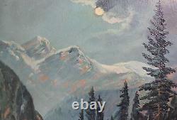 Tableau ancien huile réaliste paysage forêt de montagne avec personnages