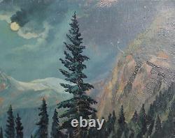 Tableau ancien huile réaliste paysage forêt de montagne avec personnages
