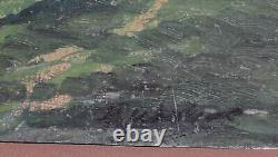 Tableau ancien huile réaliste paysage forêt de montagne avec personnages
