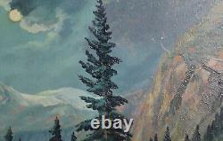 Tableau ancien huile réaliste paysage forêt de montagne avec personnages