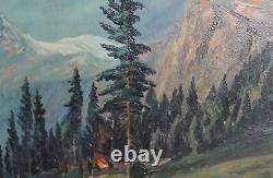 Tableau ancien huile réaliste paysage forêt de montagne avec personnages