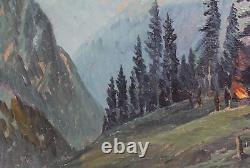 Tableau ancien huile réaliste paysage forêt de montagne avec personnages
