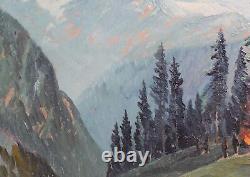 Tableau ancien huile réaliste paysage forêt de montagne avec personnages