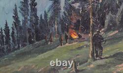 Tableau ancien huile réaliste paysage forêt de montagne avec personnages