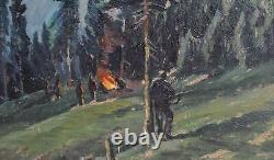 Tableau ancien huile réaliste paysage forêt de montagne avec personnages