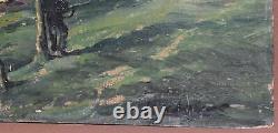 Tableau ancien huile réaliste paysage forêt de montagne avec personnages