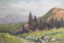 Tableau ancien huile réaliste paysage route de montagne