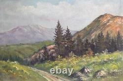 Tableau ancien huile réaliste paysage route de montagne