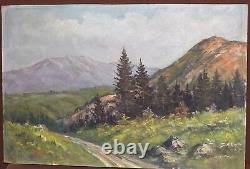 Tableau ancien huile réaliste paysage route de montagne