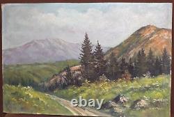Tableau ancien huile réaliste paysage route de montagne
