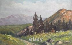 Tableau ancien huile réaliste paysage route de montagne