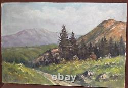 Tableau ancien huile réaliste paysage route de montagne
