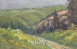 Tableau ancien huile réaliste paysage route de montagne
