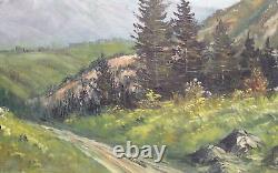 Tableau ancien huile réaliste paysage route de montagne