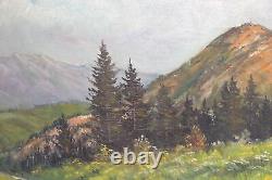 Tableau ancien huile réaliste paysage route de montagne