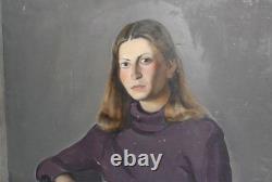 Tableau ancien huile réaliste portrait de femme